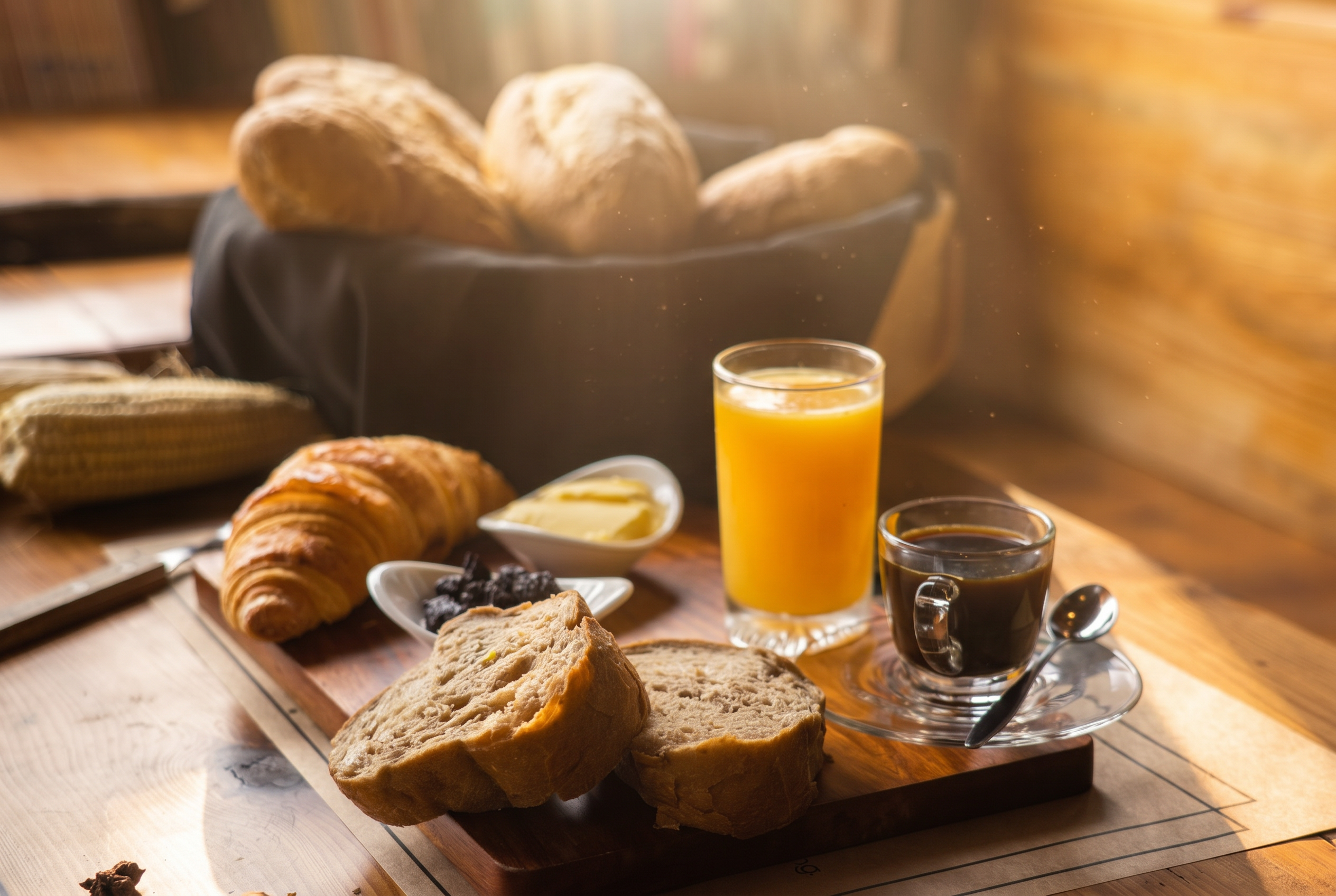 Frühstück met croissant, brood, sinaasappelsap en espresso in warm zonlicht